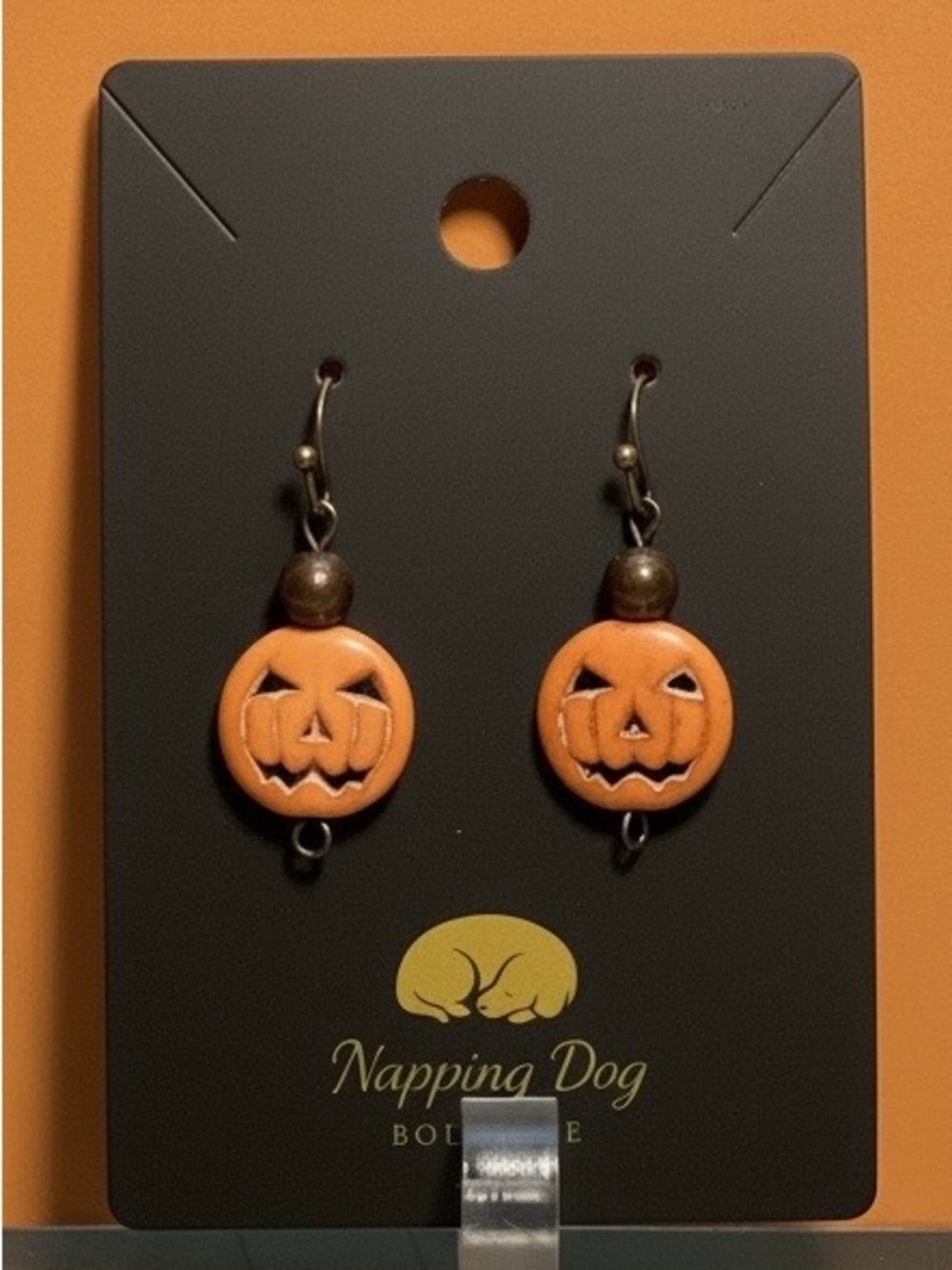 Ceramic Jack-O’-Lantern Dangle Earrings – Antique Bronze-Tone Halloween Earrings